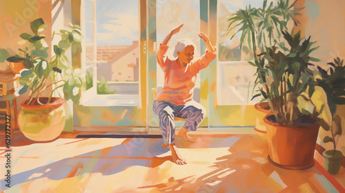 an old woman practicing yoga, fluid pastel stroke, balance and flexibility, sunny room, subtle shadows, surrounded by indoor plants,