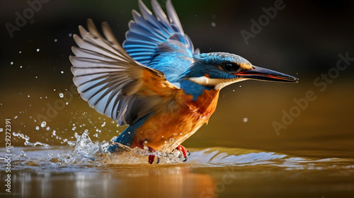 Azure kingfisher diving into the river, capturing a fish, action shot, high - speed, splashing water, vibrant colors