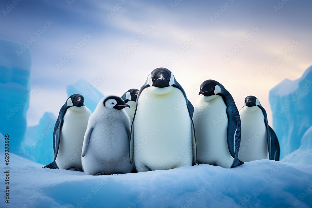 Obraz premium Emperor penguins in Antarctica, huddling for warmth, frosty environment, blue hues