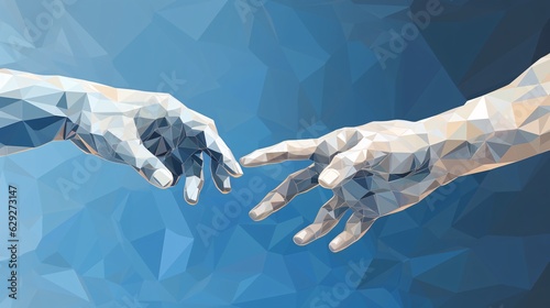 Reaching hands close up detail from The Creation of Adam of Michelangelo. Digital polygonal low poly mesh illustration