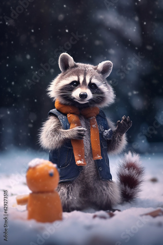 The Playful Raccoon's Winter Snow Fun: Joyful Moments Unleashed AI generated © artefacti
