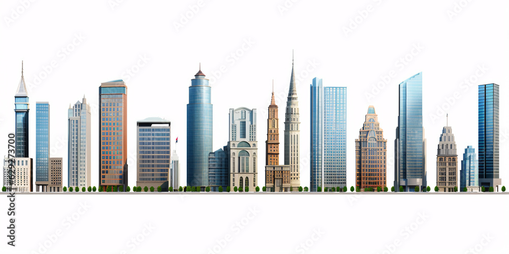 Fototapeta premium Set of different skyscraper buildings isolated on white. 3d illustration
