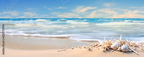 Seaside beautiful nature landscape. Relaxing beach holiday. Seashell and starfish. Blue seascape beauty