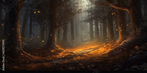 Fantasy mysterious and fairytale magical forest with amber lighting pathway at dark misty night  generative ai