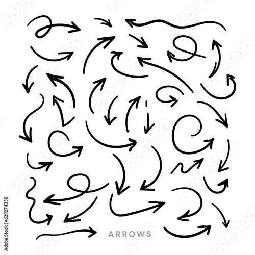 Hand drawn arrows collection Set simple flat arrows isolated on white background. Arrow mark icons and arrow paint. Stock vector. EPS10.