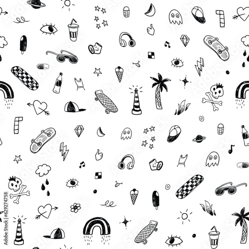 Skate, rainbow, music doodles summer vector seamless pattern.