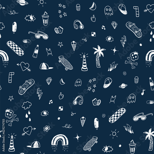 Skate, rainbow, music doodles summer vector seamless pattern.