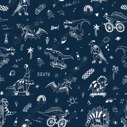 Dinosaur, skate, doodles summer vector line seamless pattern.