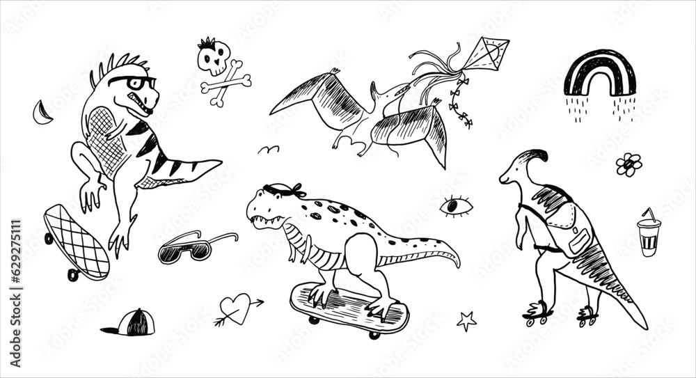Dinosaur, skate, doodles summer vector line illustrations set.