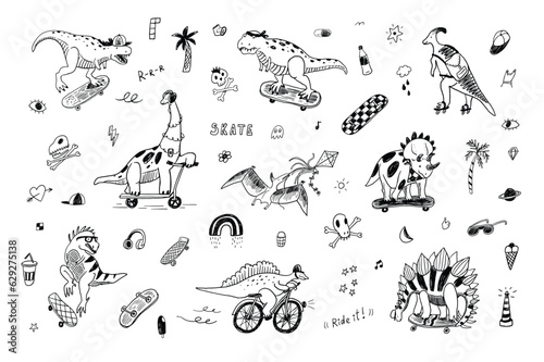 Dinosaur, skate, doodles summer vector line illustrations set.
