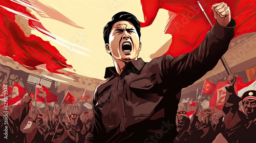Drawn illustration, North Korean leader with energetic gestures making a communist propaganda speech.