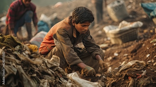 Underage Indian children searching rubbish heaps.