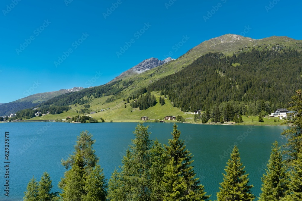 Scenic view of a tranquil lake surrounded by majestic mountain peaks and trees