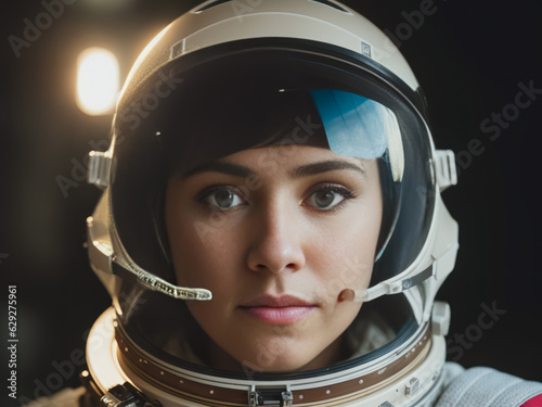 Fototapeta Naklejka Na Ścianę i Meble -  Digital photo of brutal  athletic, self-confident african american female astronaut inside the Martian space station