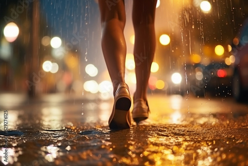 Close-up view  female legs are walking along the wet street of the night city.