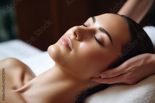 Close-up view, a woman receives a facial massage in a spa center.