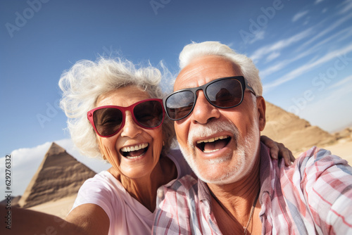 Happy elderly couple tourists take a selfie against the backdrop of the Egyptian pyramids. Travel retirement concept. AI generated. © serperm73