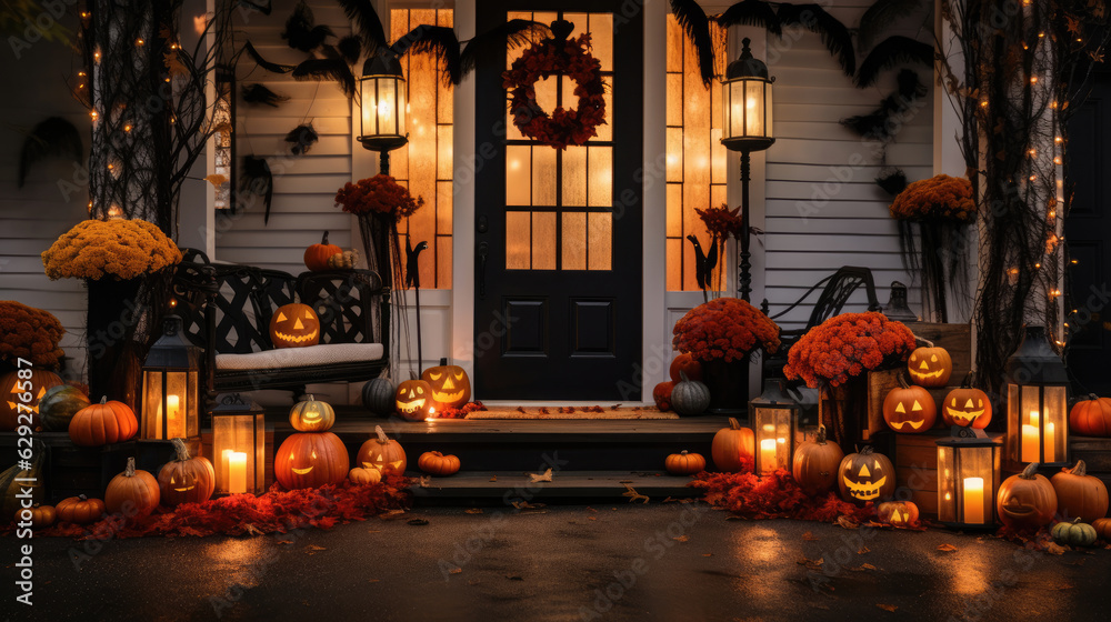 Front porch Halloween decor after dark