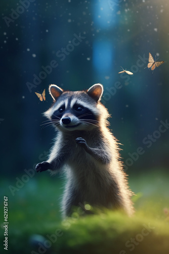 The Playful Raccoon Chasing Butterflies in the Summer Meadow AI generated © artefacti