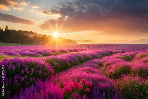 colorful flower meadow with sunbeams and bokeh light in summer