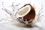 Fresh coconut in half fruit with water splash isolated on white background.