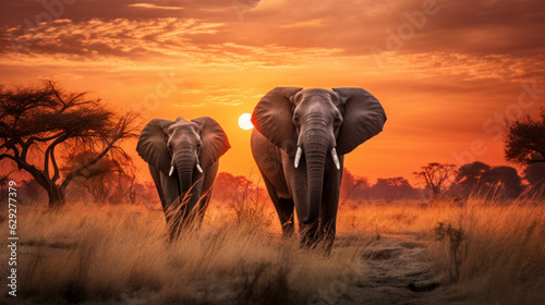 Two adult elephants walking in savannah against sunset. Generative AI