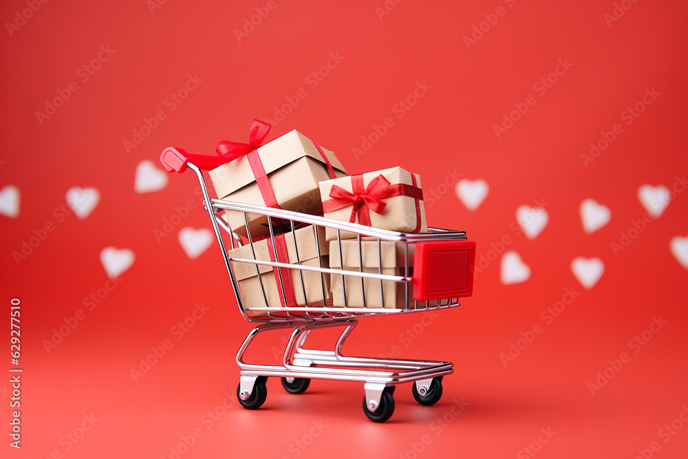 Shopping card full of presents. Gift boxes with red bows in a supermarket trolley. Christmas and New Year sale minimal concept. Gifts in toy shopping cart Shopping card full of presents. Gift boxes with red bows in a supermarket trolley. Christmas and New Year sale minimal concept. Gifts in toy shopping cart