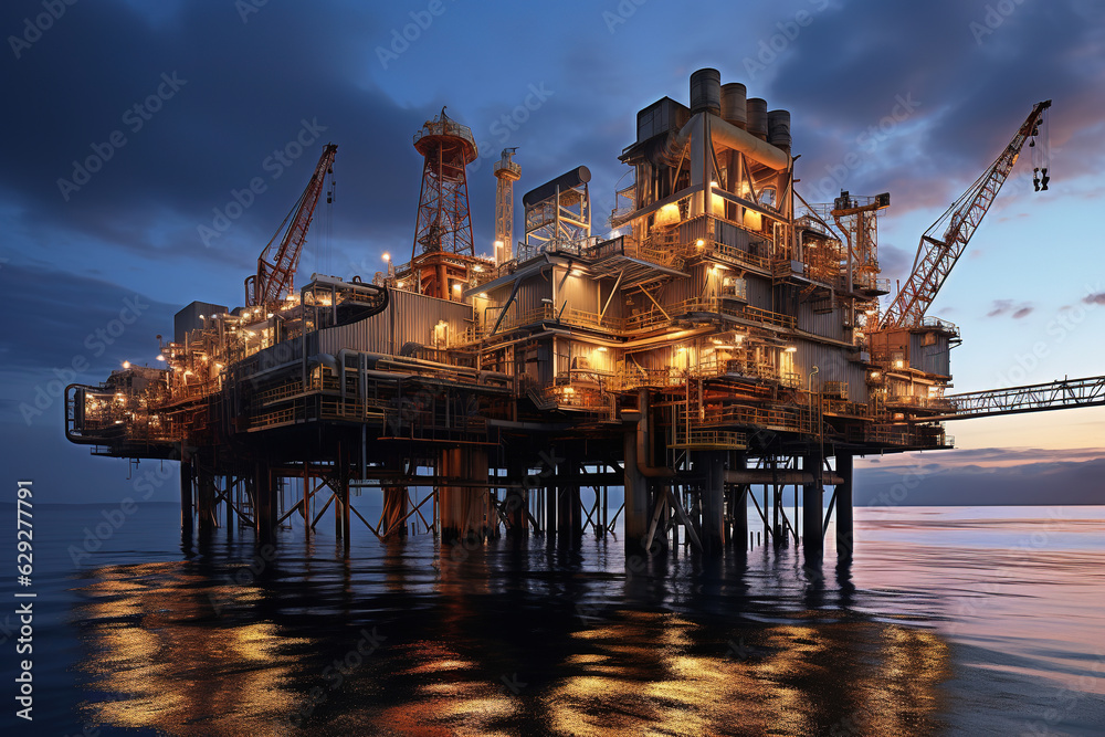 Offshore oil and rig platform, Construction of oil and gas production process in the sea. Power energy of the world