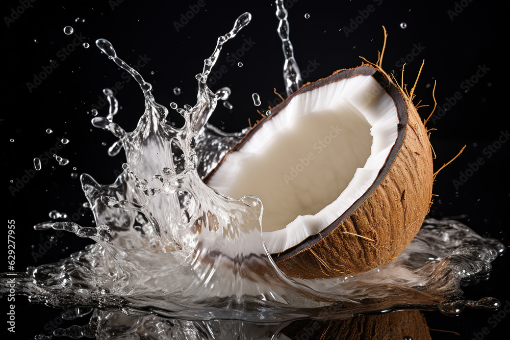Fresh whole and half coconut fruit with water splash isolated on black background. Fresh coconut fruit dropped into water with a splash. Fresh whole and half coconut fruit with water splash isolated on black background. Fresh coconut fruit dropped into water with a splash.