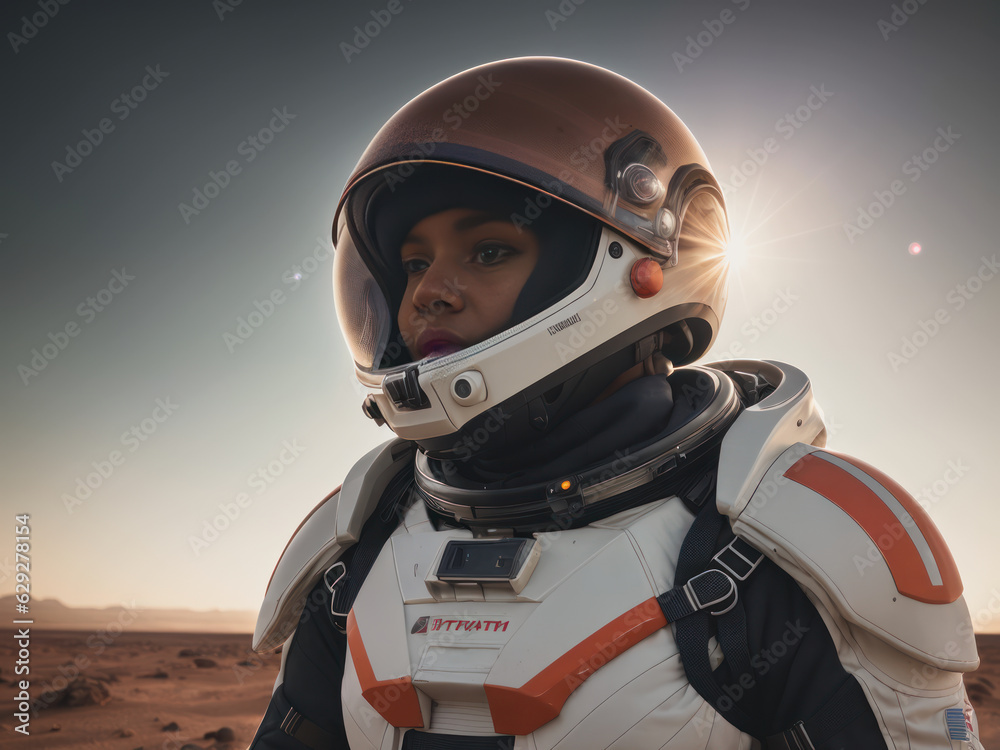 Digital photo of brutal athletic, self-confident african american female astronaut outside on the surface of Mars near the Martian station Digital photo of brutal athletic, self-confident african american female astronaut outside on the surface of Mars near the Martian station