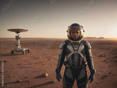 Fototapeta Naklejka Na Ścianę i Meble -  Digital photo of brutal  athletic, self-confident african american female astronaut outside on the surface of Mars near the Martian station 