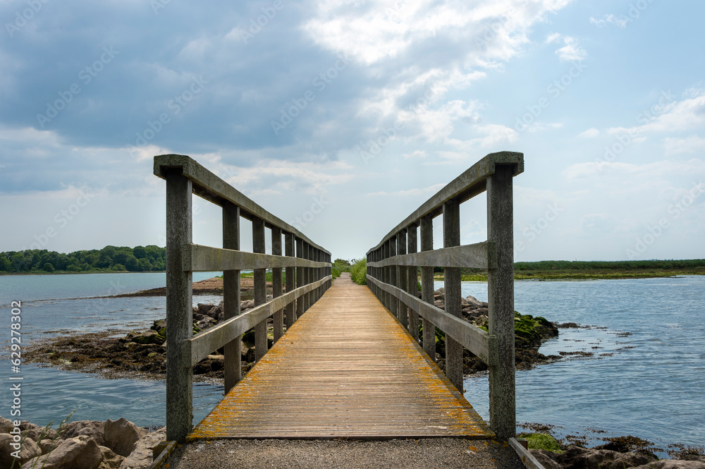 wooden footbridge across water. Perspective.