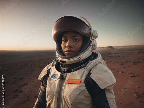 Digital photo of brutal  athletic, self-confident african american female astronaut outside on the surface of Mars near the Martian station  © mikhailberkut