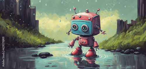 illustrazione di piccolo robot giocattolo colorato che cammina in una pozzanghera sotto la pioggia, rilflesso nell'acqua, sfondo di erbe e rocce photo