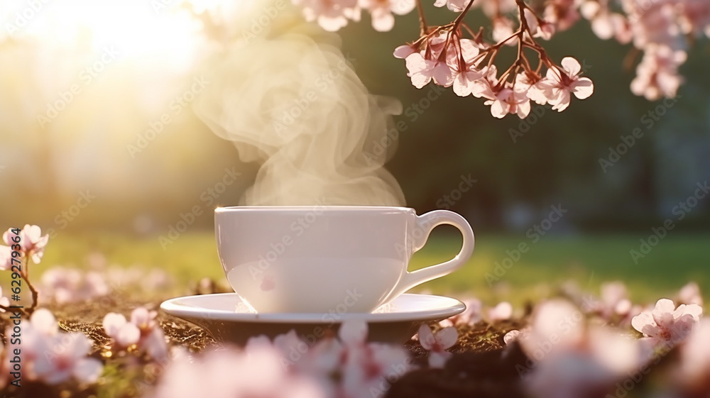 Steaming Cup of Coffee in soft round white china cup with a handle, the black coffee is hot Steaming Cup of Coffee in soft round white china cup with a handle, the black coffee is hot