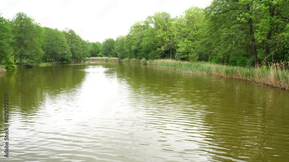 Beautiful view of reflecting green lake with trees around under bright sky Beautiful view of reflecting green lake with trees around under bright sky