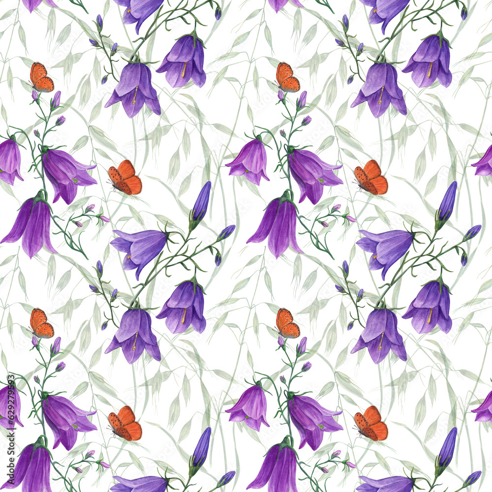 Blooming campanula, wild oats, flying butterflies. Floral seamless pattern isolated on white background. Watercolor illustration for poster, scrapbooking, invitations, prints, textile, wrapping.