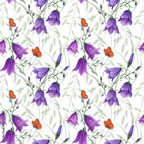 Blooming campanula, wild oats, flying butterflies. Floral seamless pattern isolated on white background. Watercolor illustration for poster, scrapbooking, invitations, prints, textile, wrapping. © Masha_tolk_art