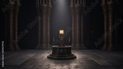 Design a Gothic style Podium standing in the middle of an empty black space 