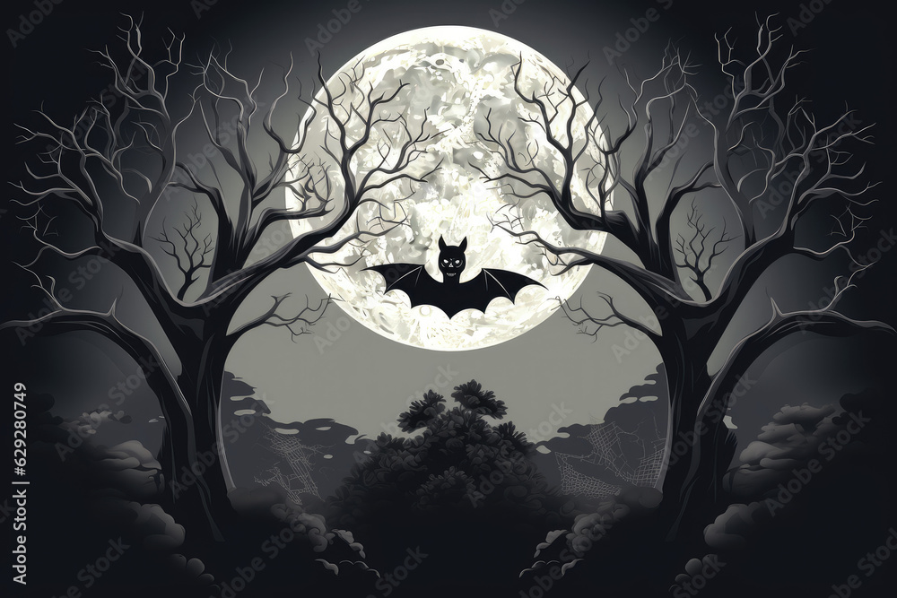 Fototapeta premium Halloween with bat and moon and a bare tree silhouette background, black halloween party greeting, Generative AI