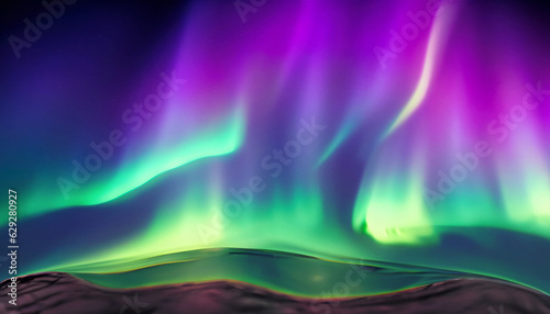 Aurora Abstract Background, Aurora Borealis in starry polar sky Background, Green, Purple Northern lights (Aurora borealis), panorama with northern light in night starry sky against mountain and lake.