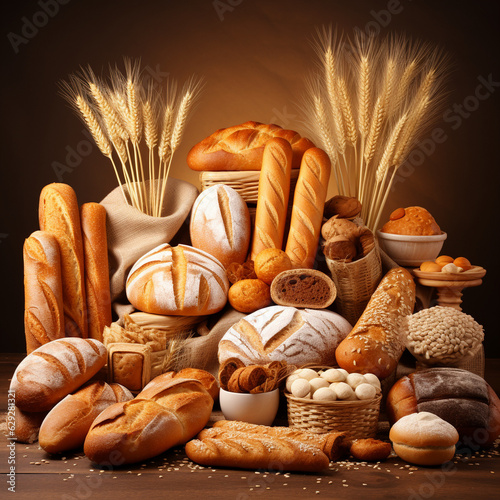 assortment of bread, different kinds of bread and bread rolls. kitchen or bakery poster design, ai generation