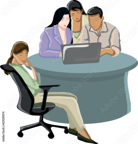 Business Marketing illustrations. Happy young employees giving support in the business meeting. Co-working space, teamwork. Work at the office. Vector flat style illustration.