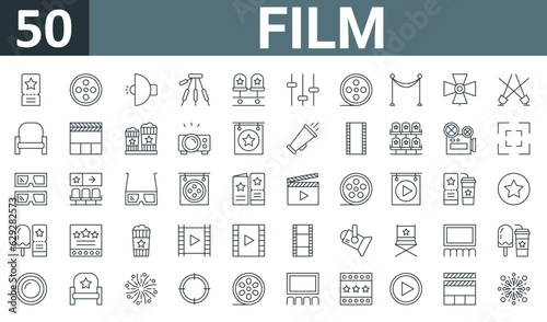 set of 50 outline web film icons such as ticket, film reel, spotlight, tr, seat, tings, film roll vector thin icons for report, presentation, diagram, web design, mobile app.