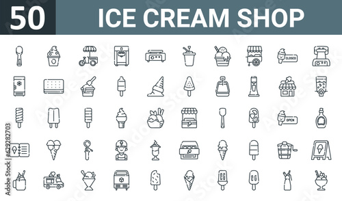 set of 50 outline web ice cream shop icons such as scoop  frozen yogurt  stand  ice cream hine  crepe maker  syrup  ice cream vector thin icons for report  presentation  diagram  web design  mobile
