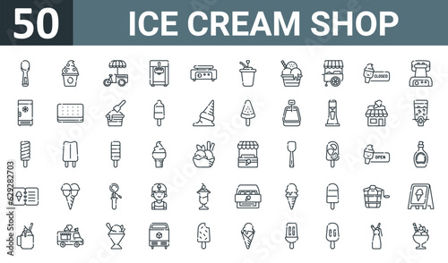 set of 50 outline web ice cream shop icons such as scoop, frozen yogurt, stand, ice cream hine, crepe maker, syrup, ice cream vector thin icons for report, presentation, diagram, web design, mobile