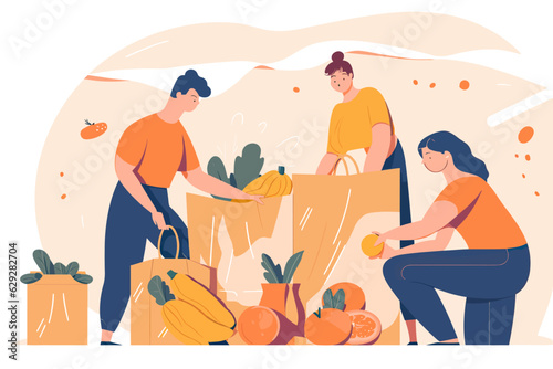 Vector of workers packaging food into bags