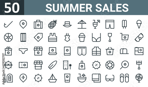 set of 50 outline web summer sales icons such as snorkel, pin, suitcase, pine, hat, sun umbrella, cocktails vector thin icons for report, presentation, diagram, web design, mobile app.