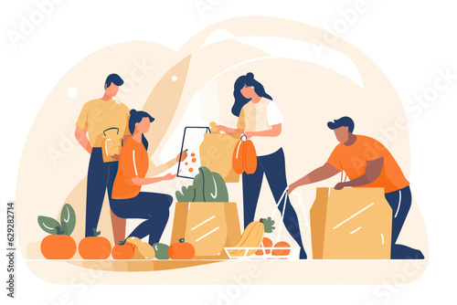 Vector of workers packaging food into bags