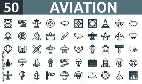 set of 50 outline web aviation icons such as radar, helicopter, aeroplane, wheel, zeppelin, radar, speedometer vector thin icons for report, presentation, diagram, web design, mobile app.